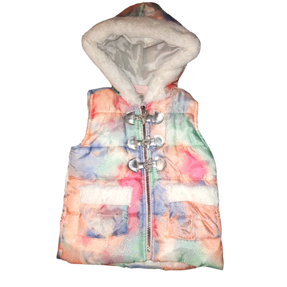 Puffer vest Little lass rainbow with shimmer and fur hood- 2T